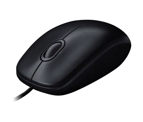 “Ergonomic side profile of Logitech M100 black USB mouse”
