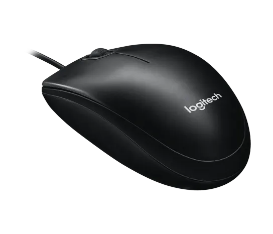 “Angled view of Logitech M100 USB mouse showing sleek black design”