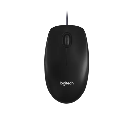 “Top view of Logitech M100 wired optical mouse with scroll wheel”