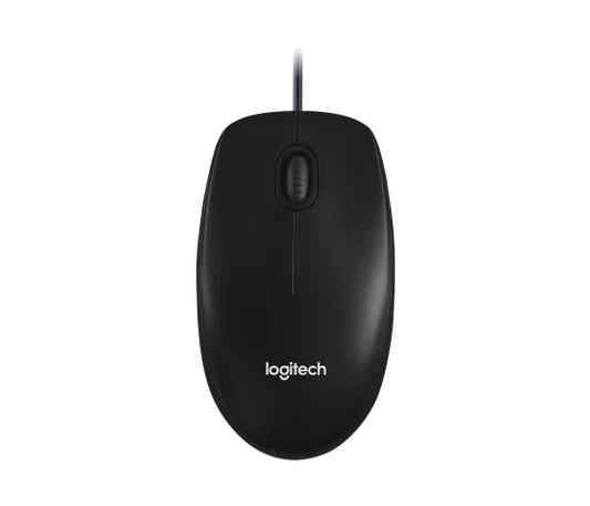 “Top view of Logitech M100 wired optical mouse with scroll wheel”