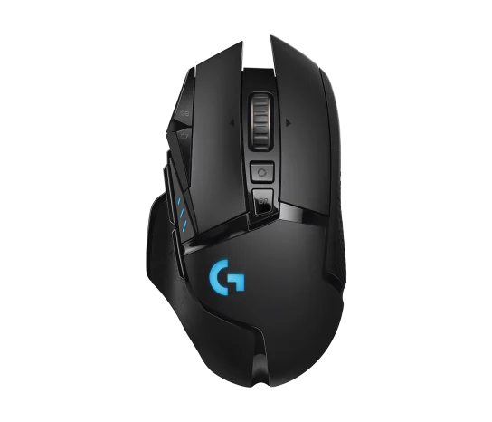 Logitech G502 Lightspeed Wireless Gaming Mouse front view showing sleek ergonomic design and programmable buttons