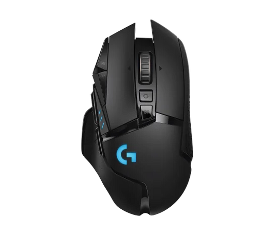 Logitech G502 Lightspeed Wireless Gaming Mouse front view showing sleek ergonomic design and programmable buttons
