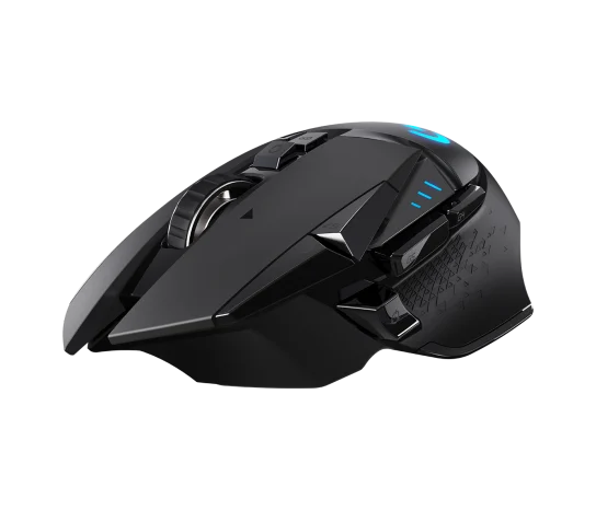 Logitech G502 Lightspeed Wireless Gaming Mouse front view showing sleek ergonomic design and programmable buttons