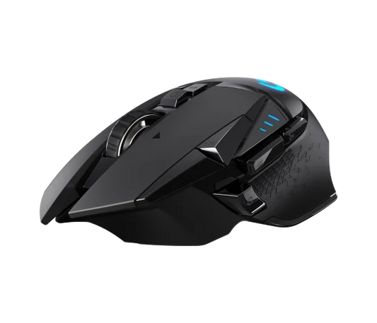 Logitech G502 Lightspeed Wireless Gaming Mouse front view showing sleek ergonomic design and programmable buttons