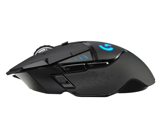 Logitech G502 Lightspeed Wireless Gaming Mouse front view showing sleek ergonomic design and programmable buttons