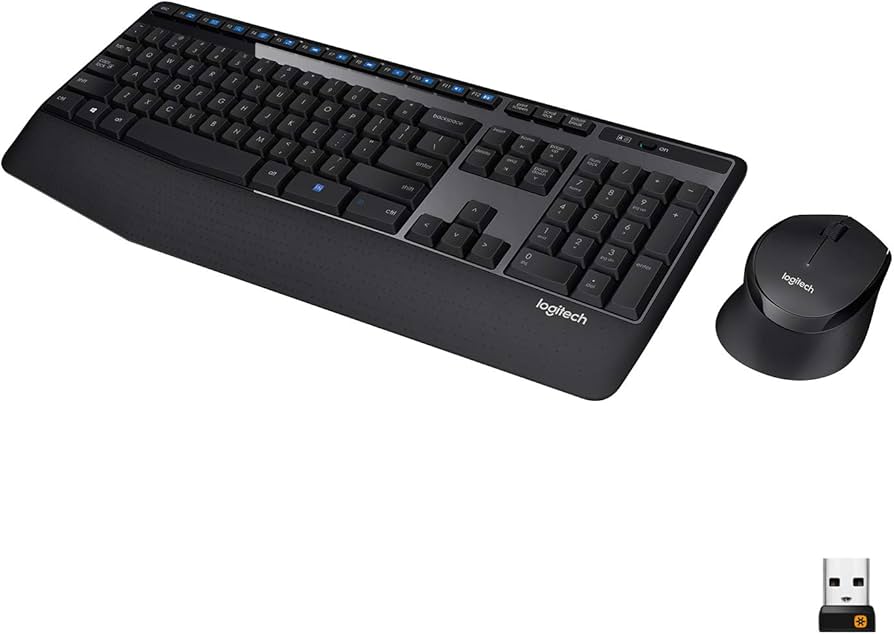 Side profile of Logitech MK345 wireless keyboard showing full-size layout with cushioned palm rest