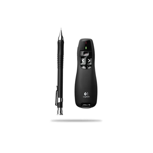 Side profile of Logitech R400 Wireless Presenter showing slim and ergonomic design