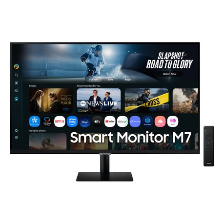 “Samsung 32-inch Smart Monitor – front view with remote control”