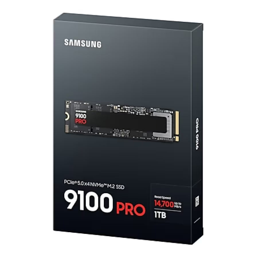 Samsung 9100 PRO 1TB NVMe SSD (MZ-VAP1T0BW) with ultra-fast read speeds up to 14,700 MB/s and write speeds up to 13,300 MB/s.