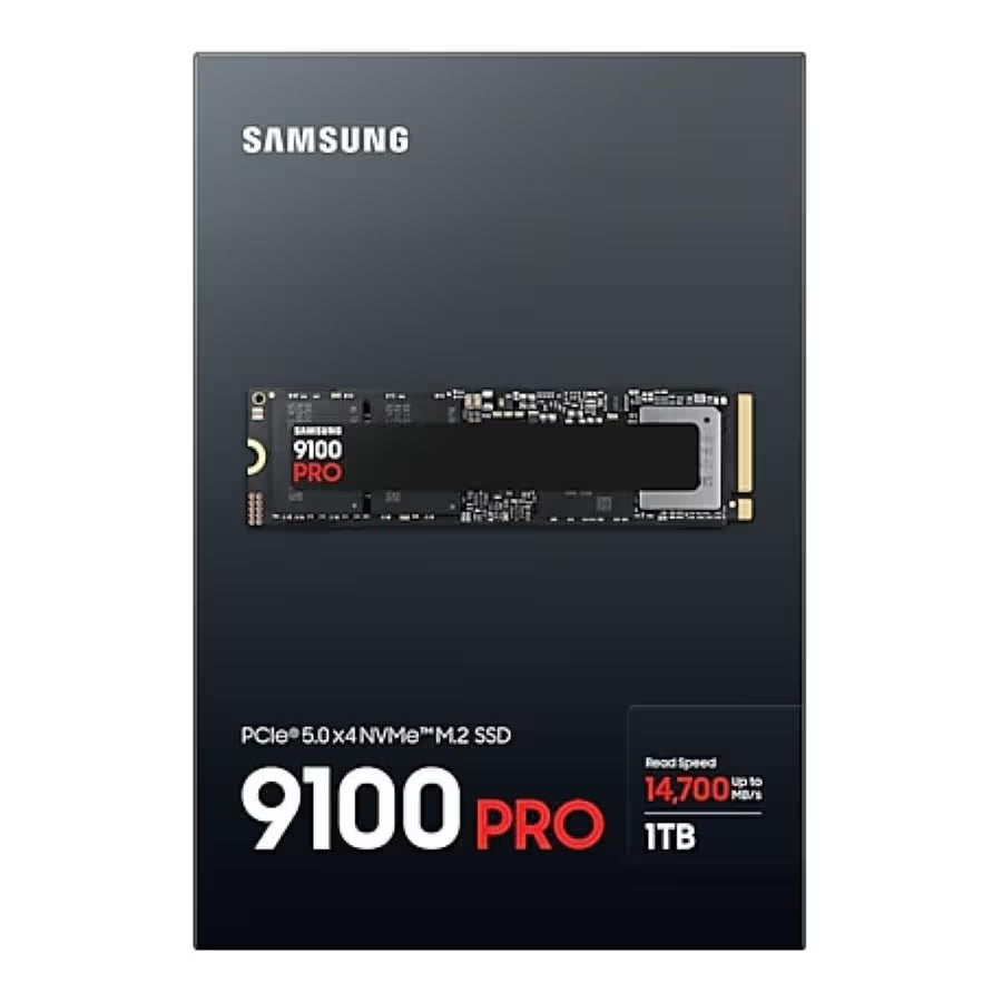 Samsung 9100 PRO 1TB NVMe SSD (MZ-VAP1T0BW) with ultra-fast read speeds up to 14,700 MB/s and write speeds up to 13,300 MB/s.