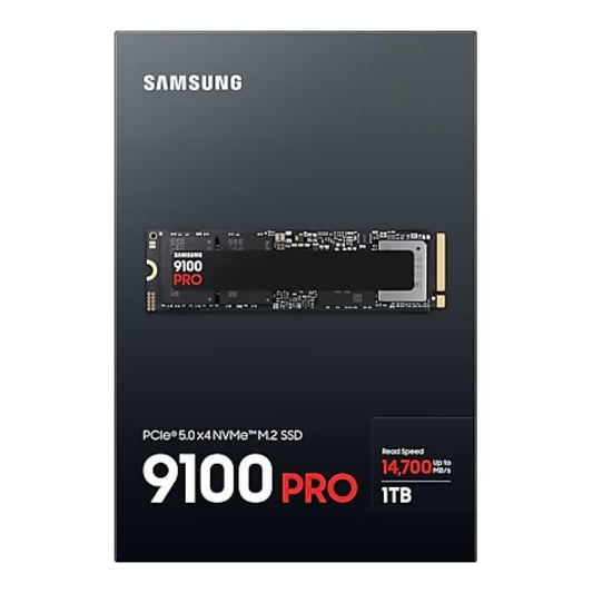 Samsung 9100 PRO 1TB NVMe SSD (MZ-VAP1T0BW) with ultra-fast read speeds up to 14,700 MB/s and write speeds up to 13,300 MB/s.