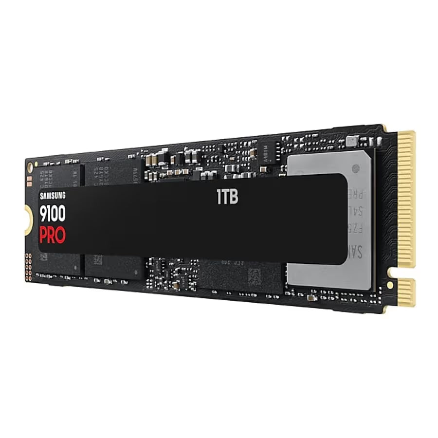 Samsung 9100 PRO 1TB NVMe SSD (MZ-VAP1T0BW) with ultra-fast read speeds up to 14,700 MB/s and write speeds up to 13,300 MB/s.