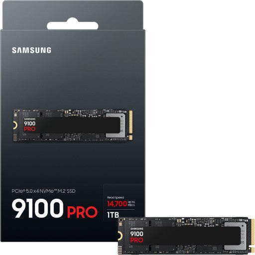 Samsung 9100 PRO 1TB NVMe SSD (MZ-VAP1T0BW) with ultra-fast read speeds up to 14,700 MB/s and write speeds up to 13,300 MB/s.