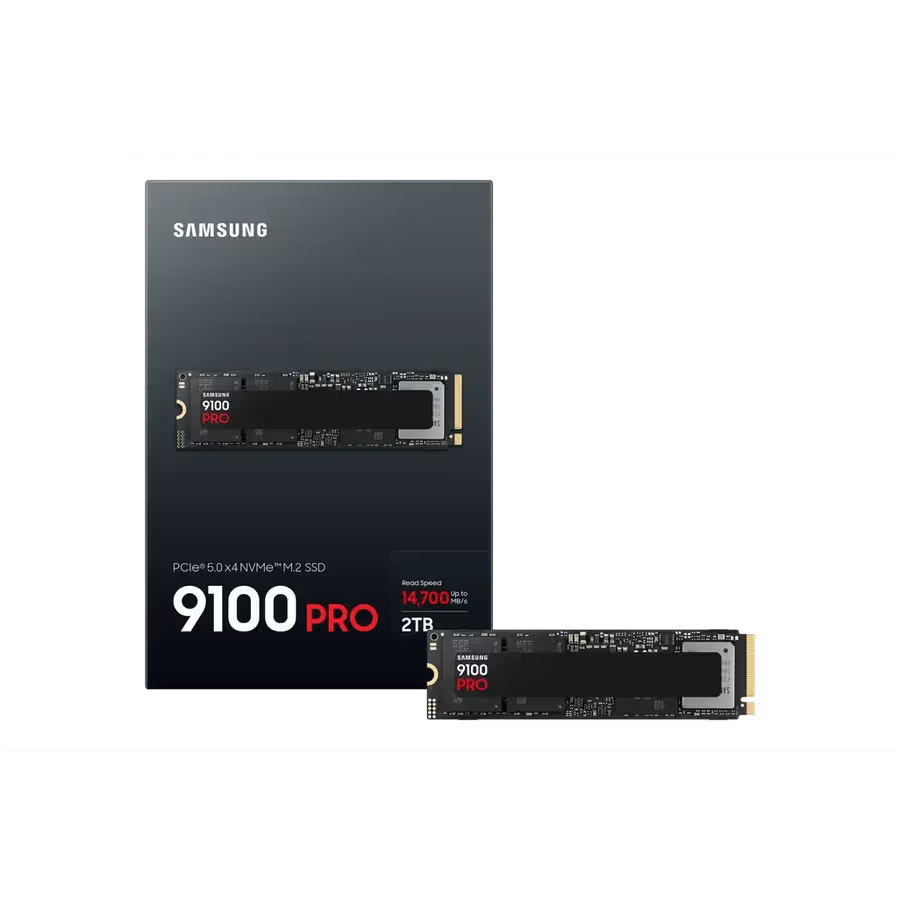 Front view of Samsung 9100 PRO 2TB NVMe SSD showing M.2 2280 form factor and compact design