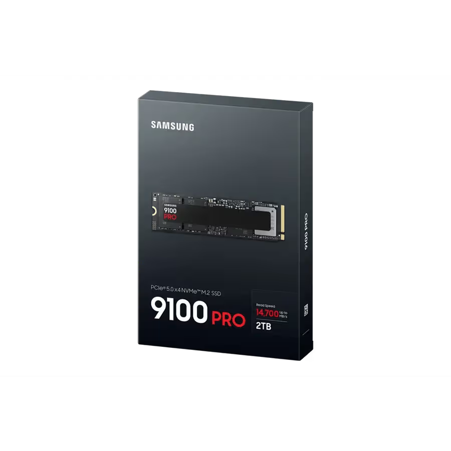 Front view of Samsung 9100 PRO 2TB NVMe SSD showing M.2 2280 form factor and compact design