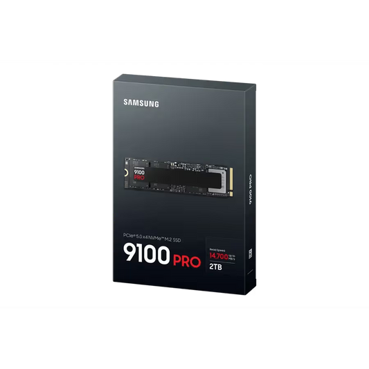 Front view of Samsung 9100 PRO 2TB NVMe SSD showing M.2 2280 form factor and compact design