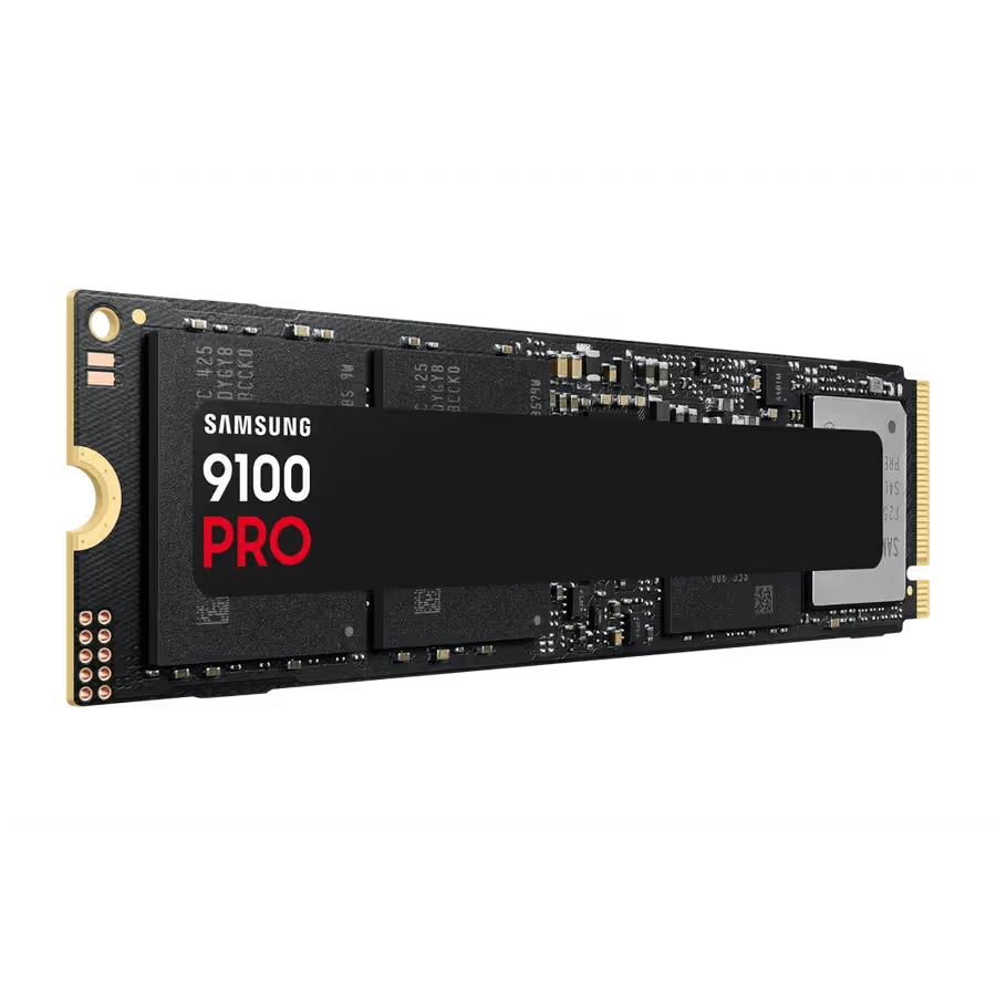 Front view of Samsung 9100 PRO 4TB NVMe SSD showing M.2 2280 form factor and compact design