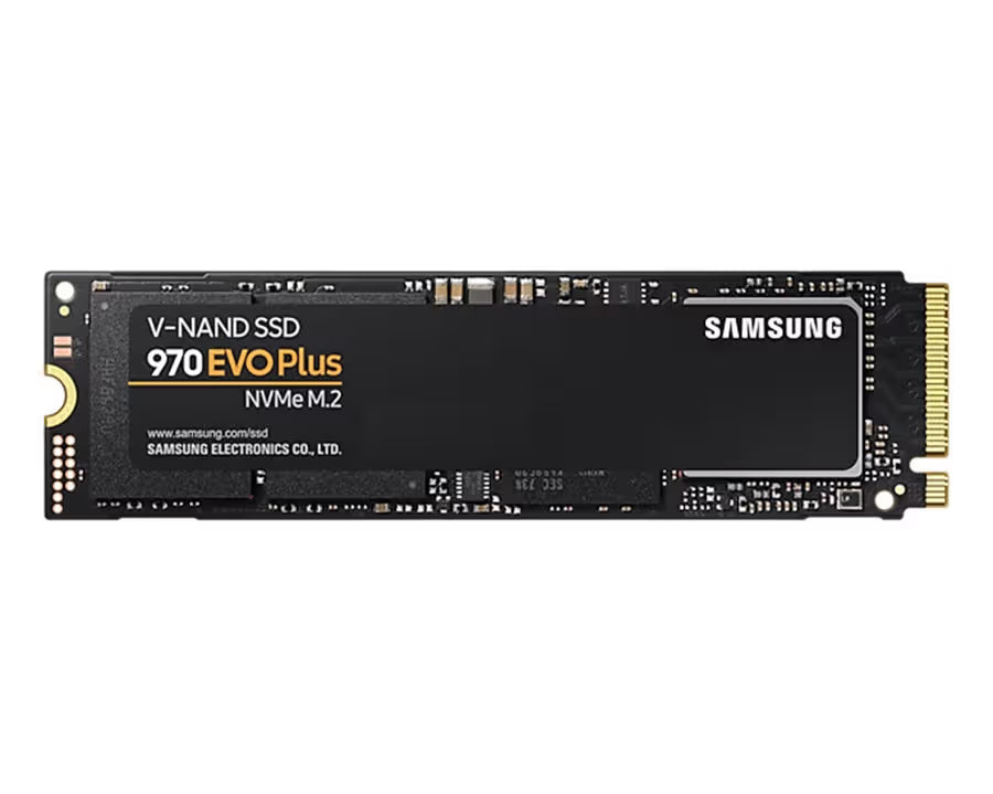 Samsung 970 EVO Plus 2TB NVMe SSD front view showing M.2 form factor and compact design