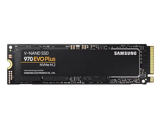 Samsung 970 EVO Plus 2TB NVMe SSD front view showing M.2 form factor and compact design