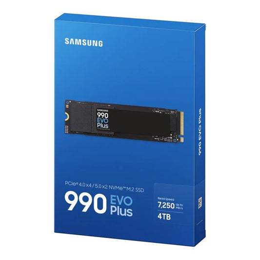 Front view of Samsung 990 EVO Plus 4TB NVMe SSD showing M.2 2280 compact design