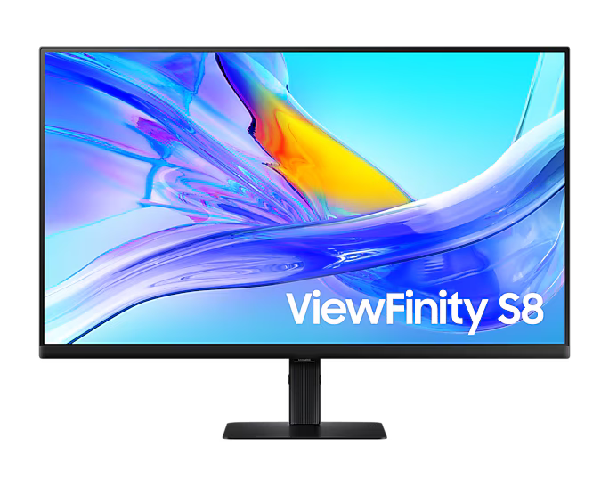 Samsung LS32D800UA ViewFinity 32-inch 4K UHD monitor with slim bezel design, USB-C connectivity, HDMI and Ethernet ports.