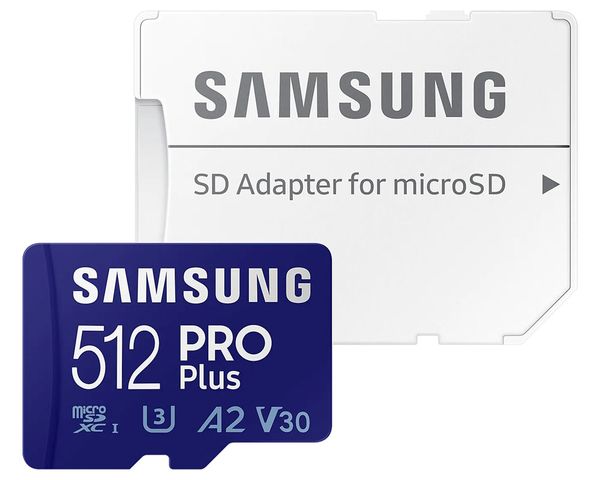 Samsung PRO Plus 512GB microSDXC memory card with high-speed 180MB/s read and 130MB/s write performance.