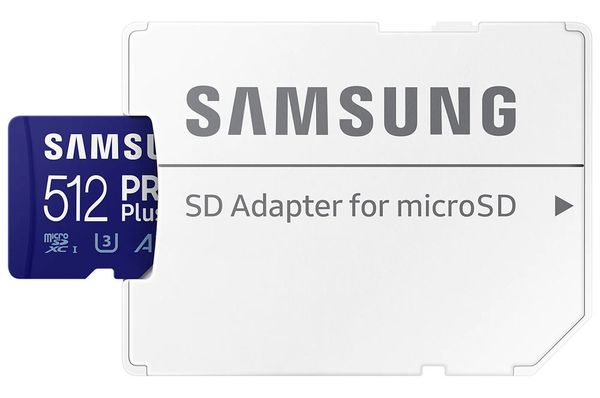 Samsung PRO Plus 512GB microSDXC memory card with high-speed 180MB/s read and 130MB/s write performance.