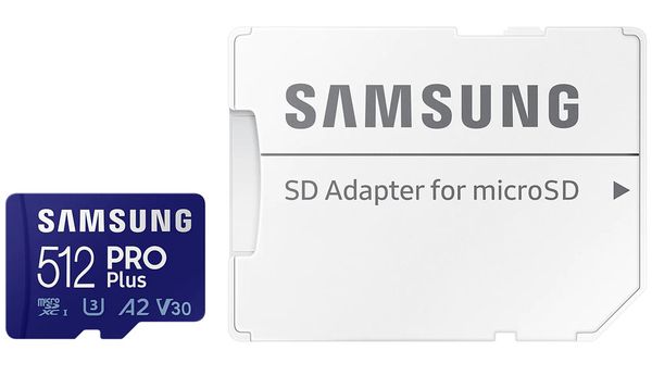 Samsung PRO Plus 512GB microSDXC memory card with high-speed 180MB/s read and 130MB/s write performance.