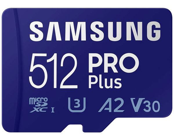 Samsung PRO Plus 512GB microSDXC memory card with high-speed 180MB/s read and 130MB/s write performance.