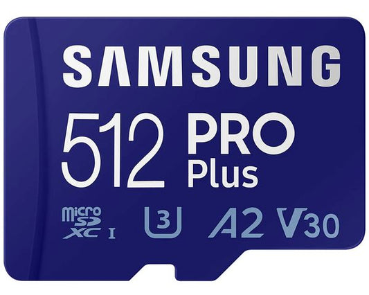 Samsung PRO Plus 512GB microSDXC memory card with high-speed 180MB/s read and 130MB/s write performance.