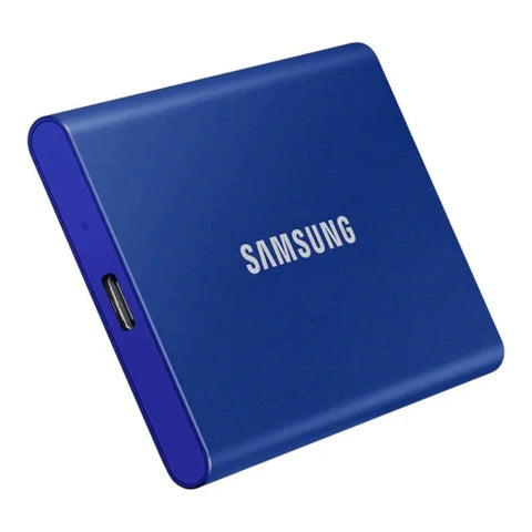 Samsung T7 2TB external SSD connected to a laptop for fast file transfer
