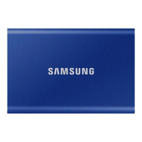 Samsung T7 2TB external SSD connected to a laptop for fast file transfer
