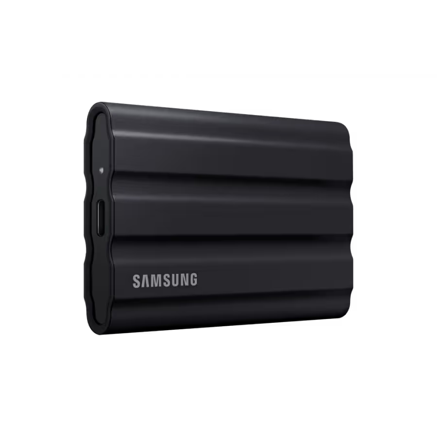 Samsung T7 Shield 1TB Portable SSD (MU-PE1T0S) with up to 1,050 MB/s transfer speed, USB 3.2 Gen2, and AES 256-bit encryption.