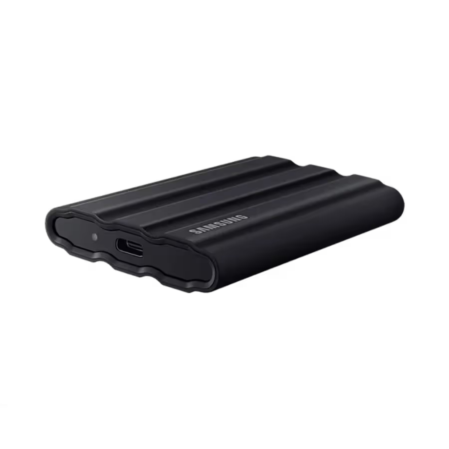 Samsung T7 Shield 1TB Portable SSD (MU-PE1T0S) with up to 1,050 MB/s transfer speed, USB 3.2 Gen2, and AES 256-bit encryption.