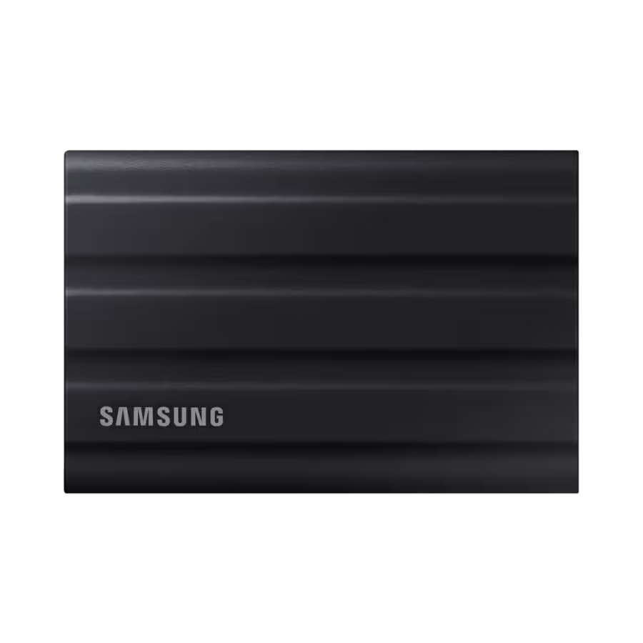 Samsung T7 Shield 1TB Portable SSD (MU-PE1T0S) with up to 1,050 MB/s transfer speed, USB 3.2 Gen2, and AES 256-bit encryption.