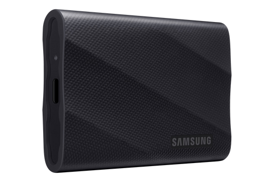 “Samsung T9 Portable SSD 1TB external solid state drive in black with USB 3.2 high-speed connection.”