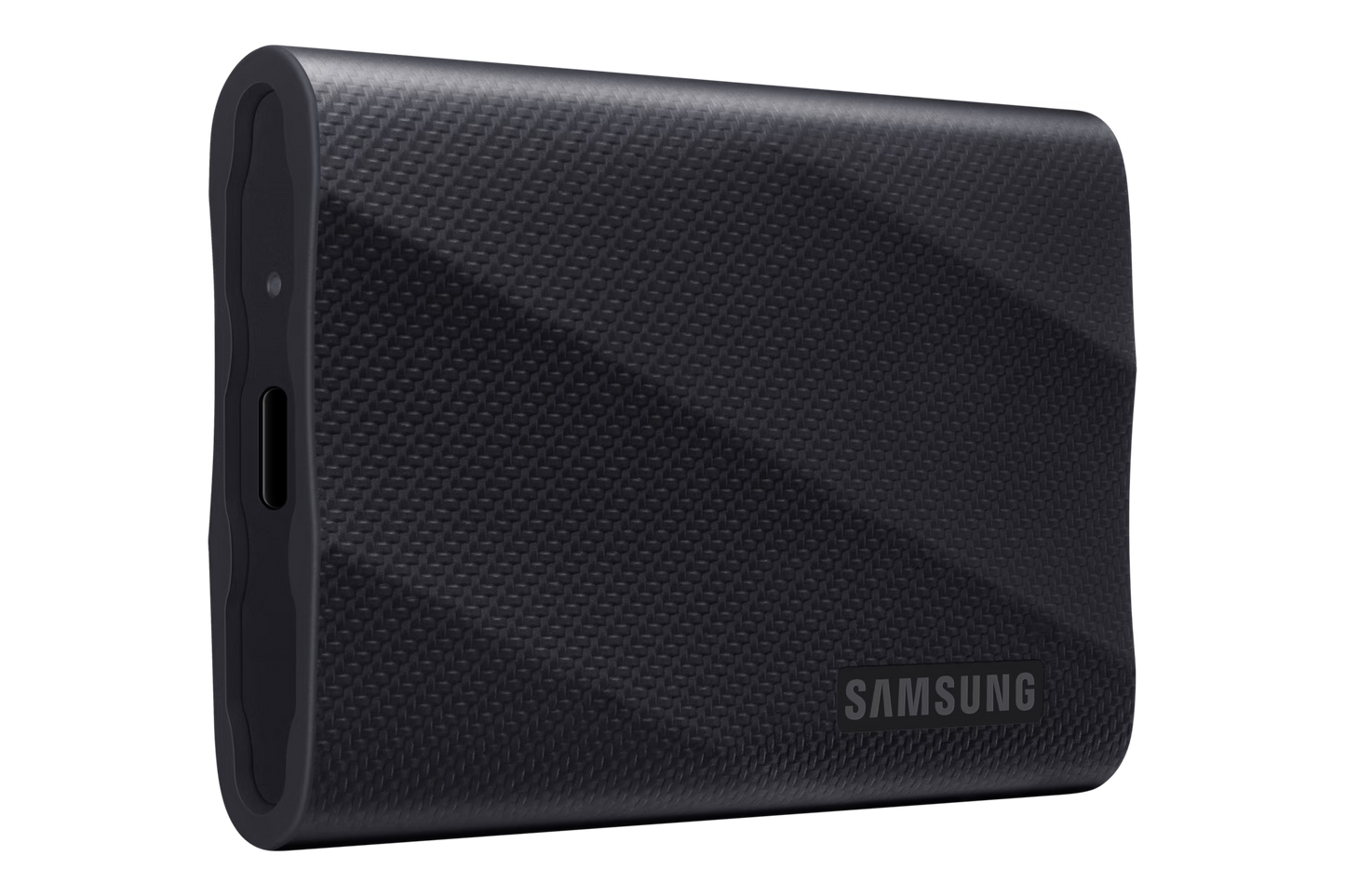 Samsung T9 Portable SSD 2TB external solid state drive in black with USB 3.2 high-speed connection.