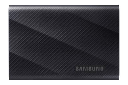 Samsung T9 Portable SSD 2TB external solid state drive in black with USB 3.2 high-speed connection.