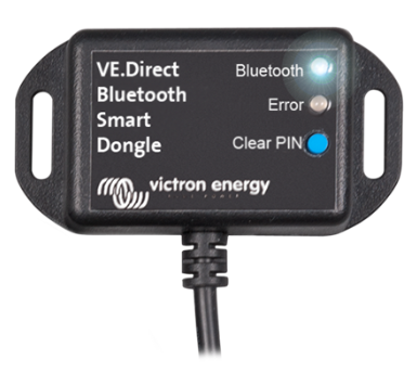Front view of the Victron VE.Direct Bluetooth Smart Dongle with attached VE.Direct cable | Close-up of the Victron Bluetooth dongle status LEDs and PIN code button 