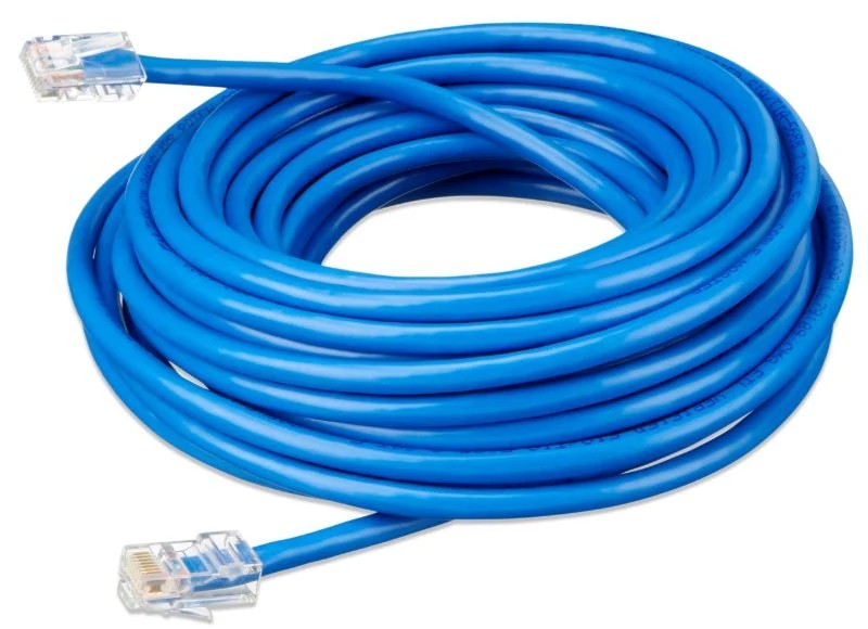 Coiled blue Ethernet cable with connectors on a white background