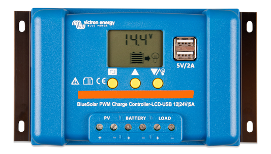 “BlueSolar PWM 12/24V 20A solar charge controller with LCD display, USB ports, and load output control”