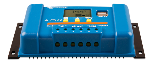 “BlueSolar PWM 12/24V 20A solar charge controller with LCD display, USB ports, and load output control”