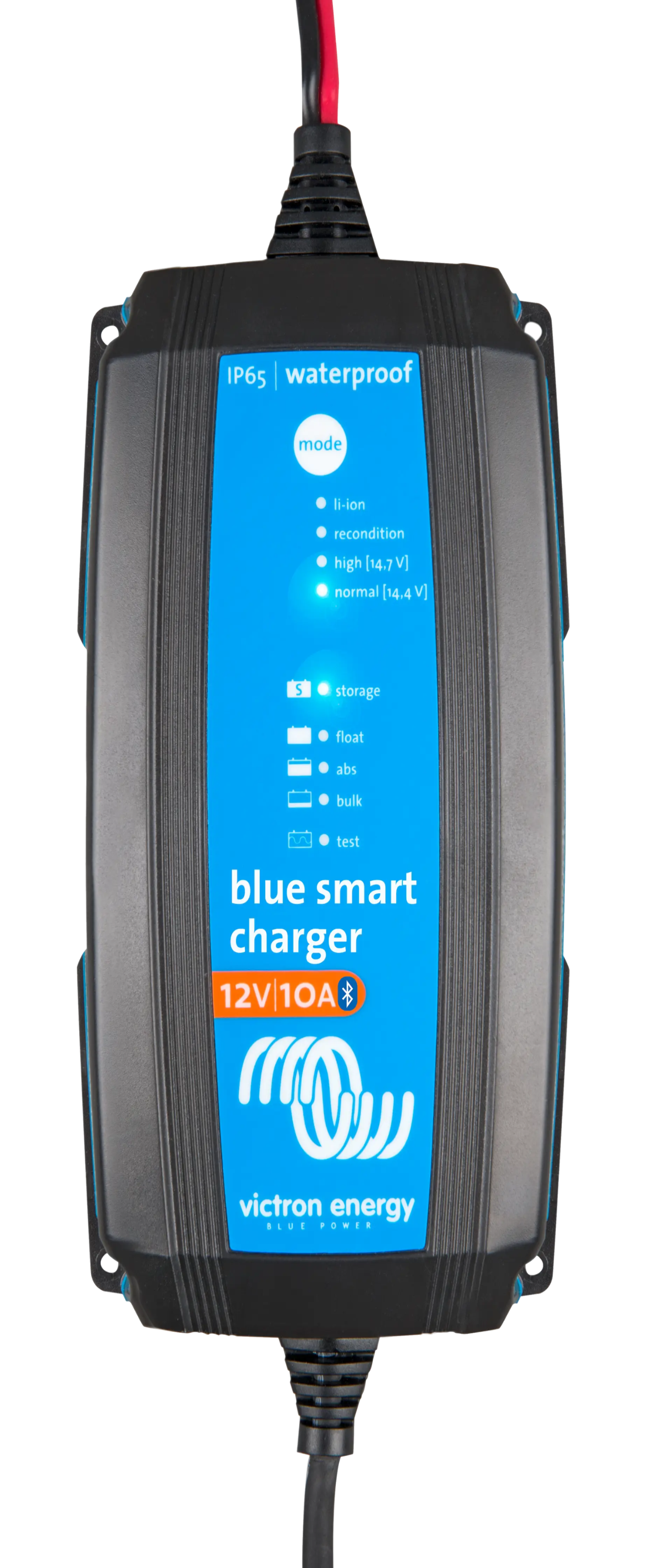 Front view of Victron Blue Smart IP65 12V 10A battery charger with Bluetooth connectivity