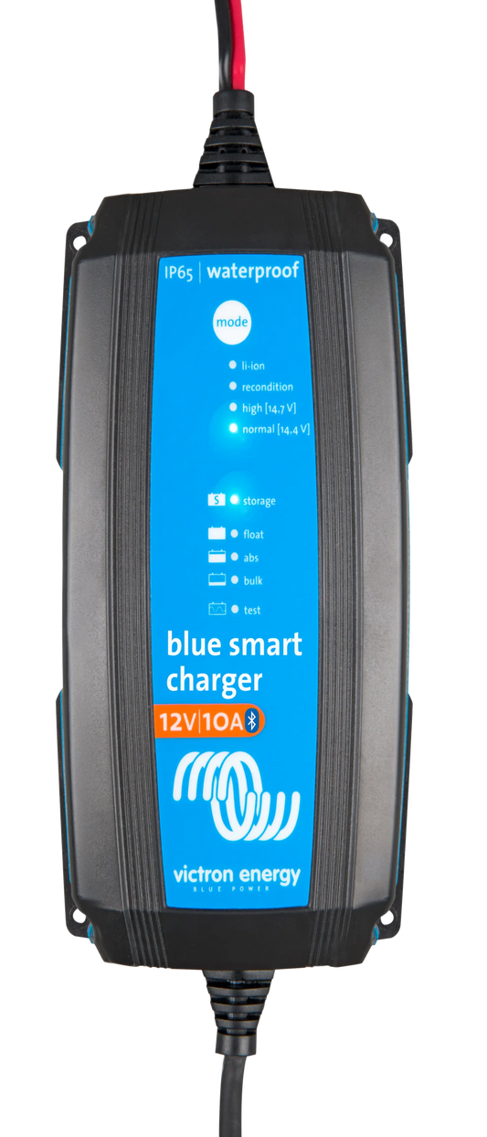 Front view of Victron Blue Smart IP65 12V 10A battery charger with Bluetooth connectivity