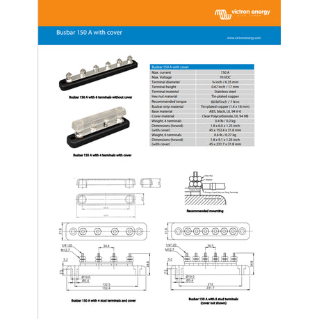 Technical specifications of a Busbar 150A with cover by Victron Energy