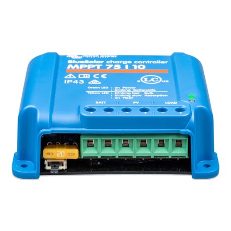 Victron BlueSolar MPPT 75/10 solar charge controller front view showing display and terminal ports