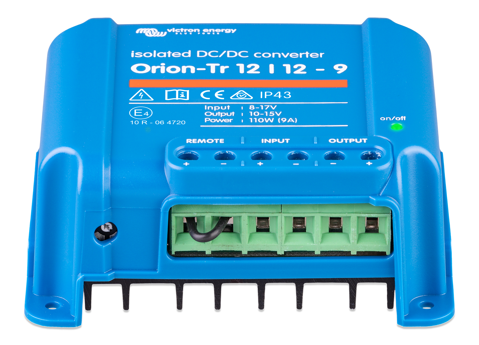 “Victron Energy Orion 12/12-9A DC-DC charger front view – 110W output with remote on/off for vehicles and boats”
“Front panel of Victron Orion 12/12-9A DC-DC charger, IP43 protected and short circuit proof”