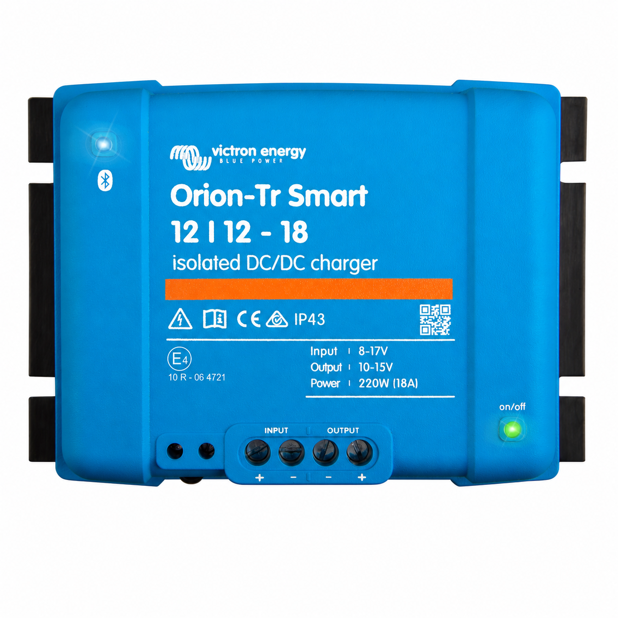 “Orion-Tr Smart DC-DC charger side view with input/output terminals and IP43 protection”
