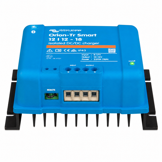 “Orion-Tr Smart DC-DC charger side view with input/output terminals and IP43 protection”
