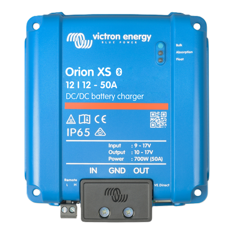 “Top view of Victron Orion XS DC-DC charger showing compact design and model labeling”
“Victron Orion XS battery charger top angle – wireless Bluetooth setup and monitoring capable”